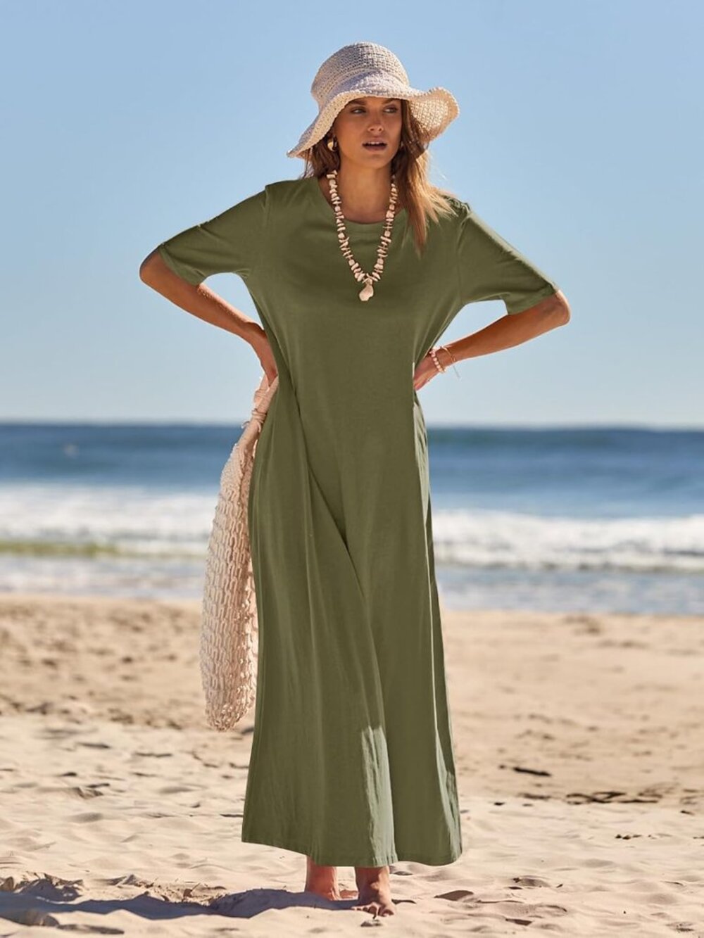 Women's Green Summer Casual Maxi Dress Vacation Crew Neck Short Sleeve Dress - Picture 3 of 6